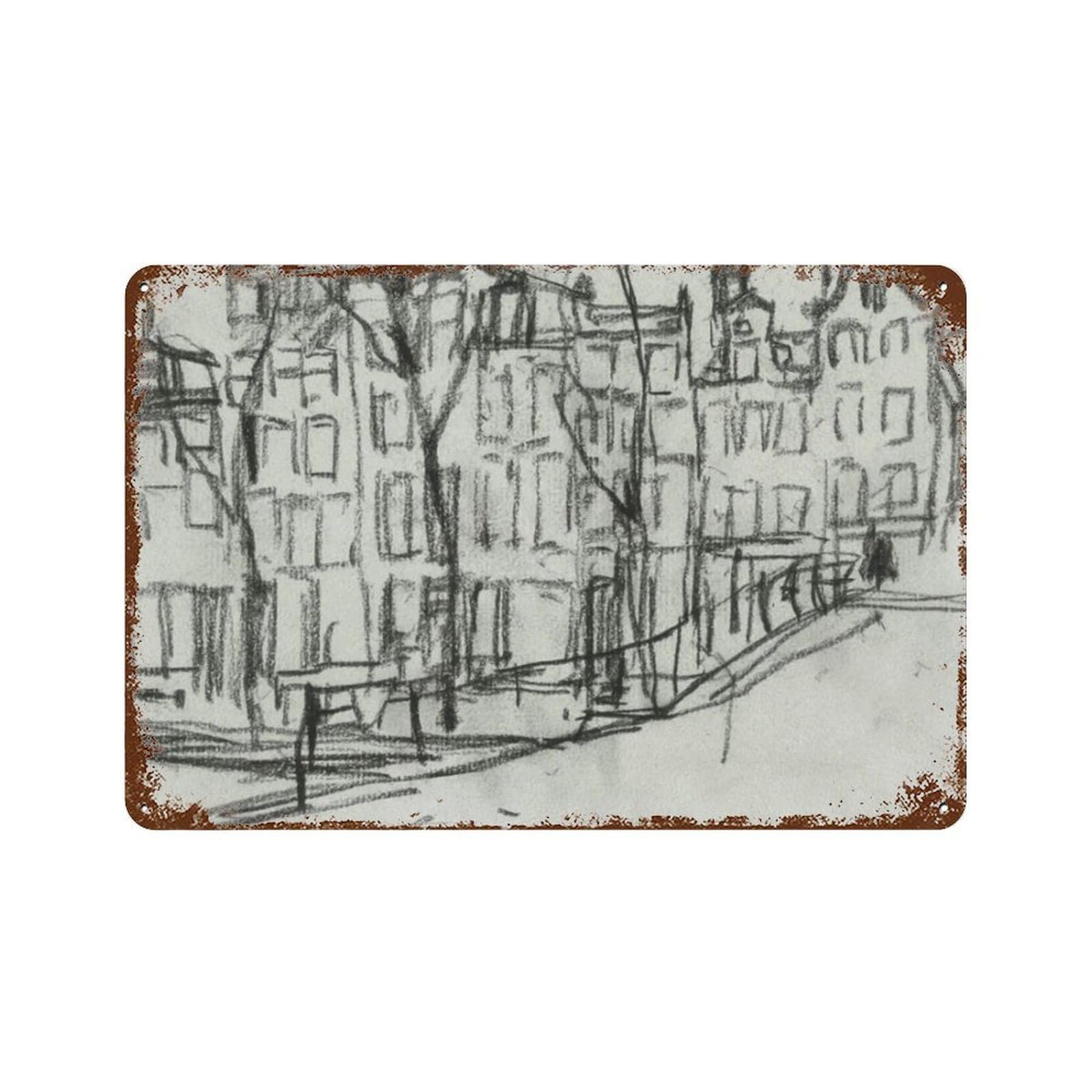 xiaoxiaoshen Vintage Architecture Sketch Cityscape Line Drawing Wall Decor Art Metal Tin Poster Modern Home Decor Art Home Bar Shop Decorations Vintage Sign 20x30cm