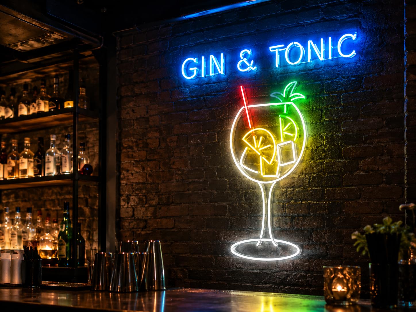 Letrero GIN & TONIC Cartel Luminoso LED Escaparate, Decoración de Pared en Metacrilato, Luz Brillante, aproximadamente 23X60 alimentación 12v