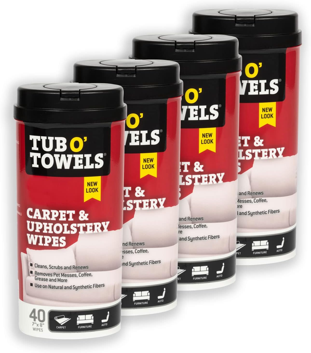 Tub O' Towels Carpet & Upholstrey Cleaning Wipes, 7" X 8", 40-Count Wipes, 4-Pack