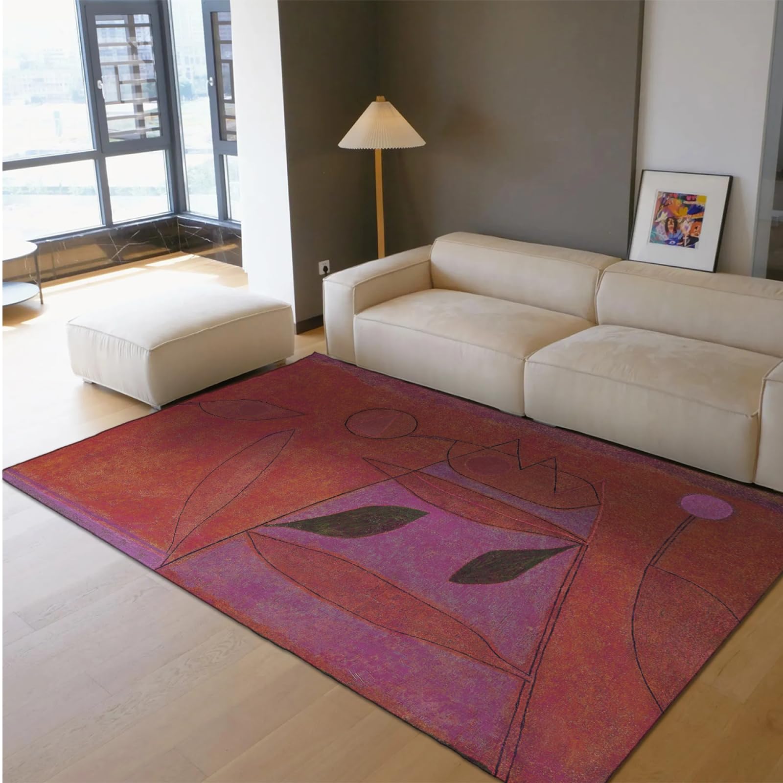 Zmywalne dywany, ceglana czerwień, abstrakcyjne dywany, miękki dywan z niskim runem, Paul Klee, dywany idealne do salonu, sypialni dziecięcej, na balkon 160 x 200 cm