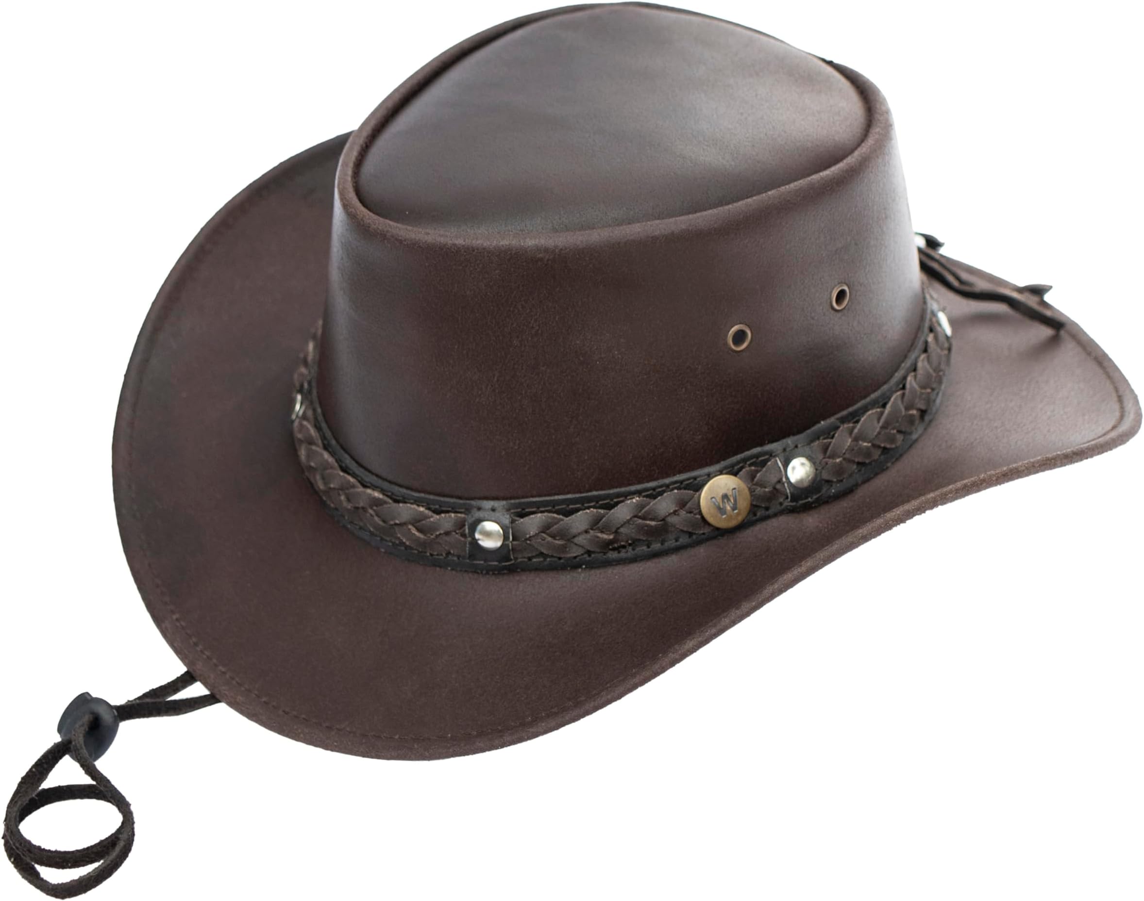 wombat leatherWombat Outback Australian Hat Brown Cow Hide Leather Cowboy Bush Hat | Chin Strap | Rugged Unisex Woman's Mens Hats