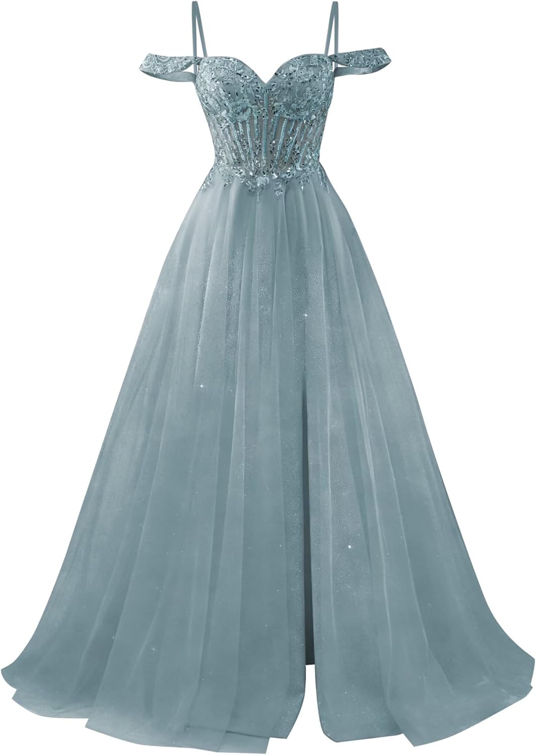 Off Shoulder Tulle Prom Dresses 2026 Lace Beaded Ball Gowns for Women Formal A Line Sparkly Evening Gown with Slit