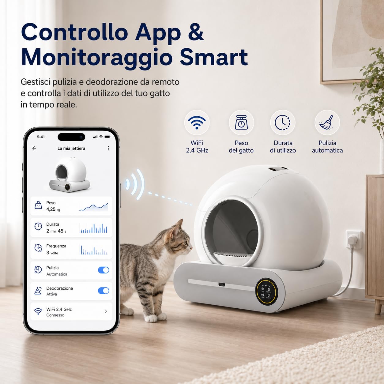 Lettiera Gatto Autopulente XXL 65L con Cassetto Rifiuti 9L, Lettiera Automatica per Più Gatti con Controllo App, Sistema Antiodore Ionico e Monitoraggio Salute, per Gatti da 1 a 8 kg (A)
