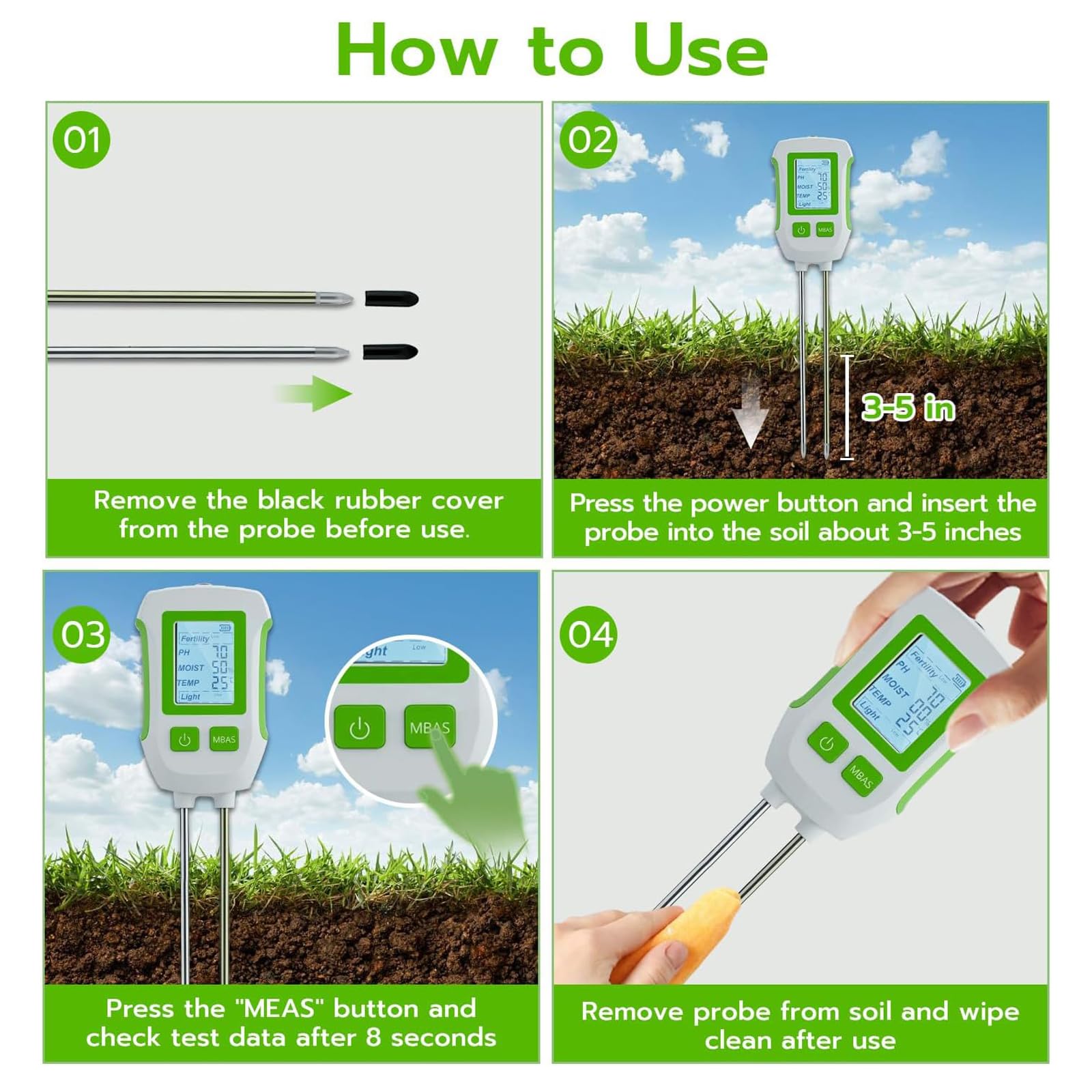 Générique Appareil de Mesure du Sol, Testeur de Sol Multifonctionnel 5-in-1 Double Sonde + Écran LCD Rétroéclairé + Arrêt Automatique, Testeur de PH/Fertilité/Luminosité/Température/Humidité