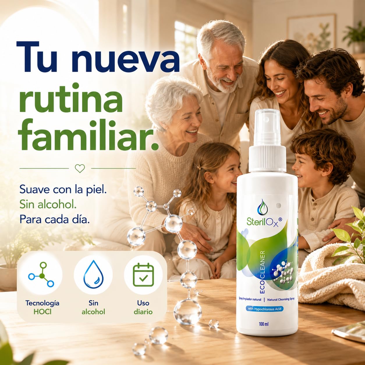 Spray Natural para la Piel y Accesorios – Con Ácido Hipocloroso (HOCl) – Sin Alcohol ni Perfume – Suave y Seguro para Bebés, Niños y Piel Sensible – 100 ml
