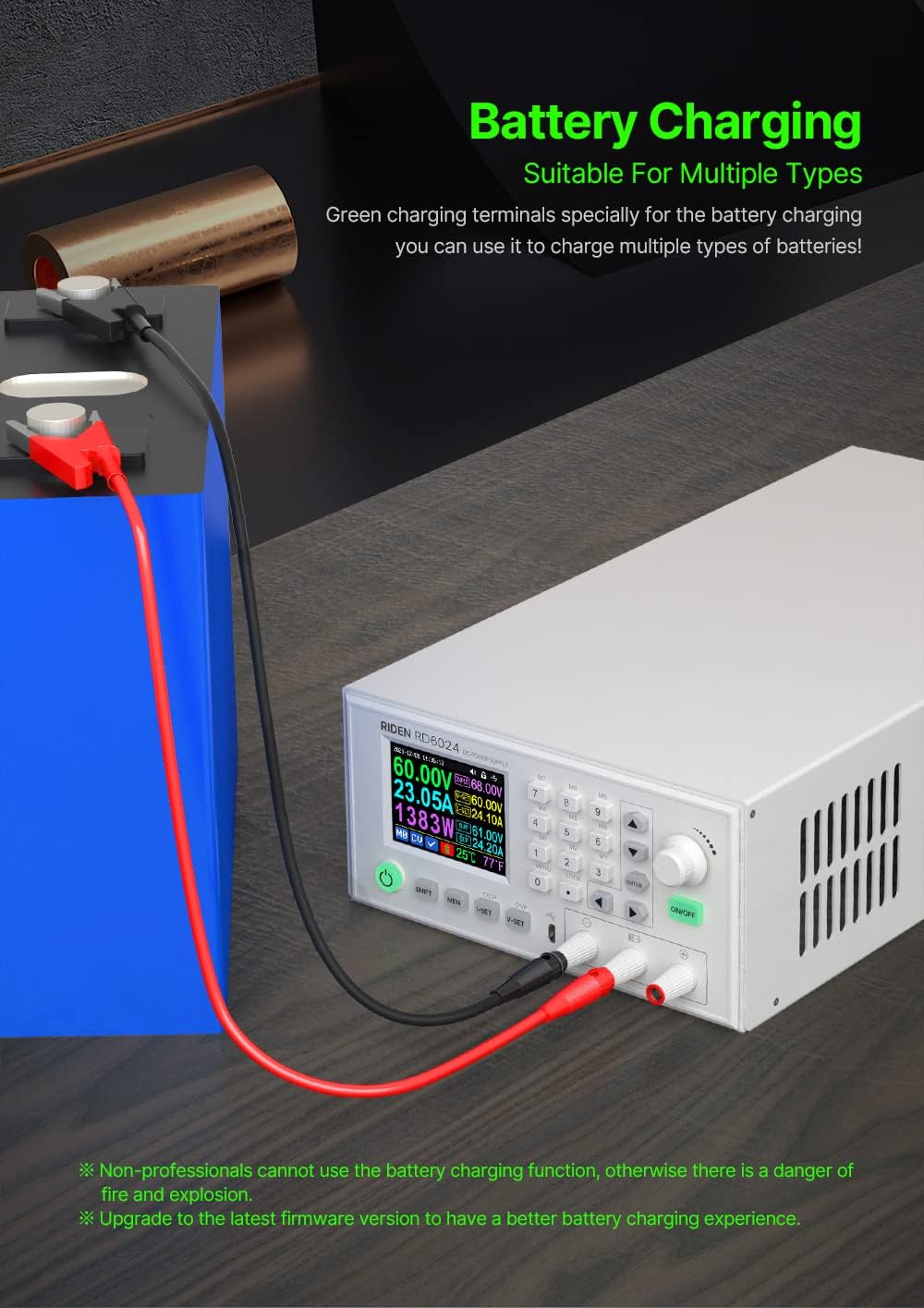 Image showing the RD6024 connected to a large battery for charging, highlighting the green charging terminals.