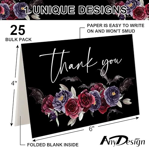 Miniatura 2 de AnyDesign - Paquete de 25 tarjetas de felicitación florales de agradecimiento, tarjetas de invitación de murciélago de flores de Halloween, tarjetas