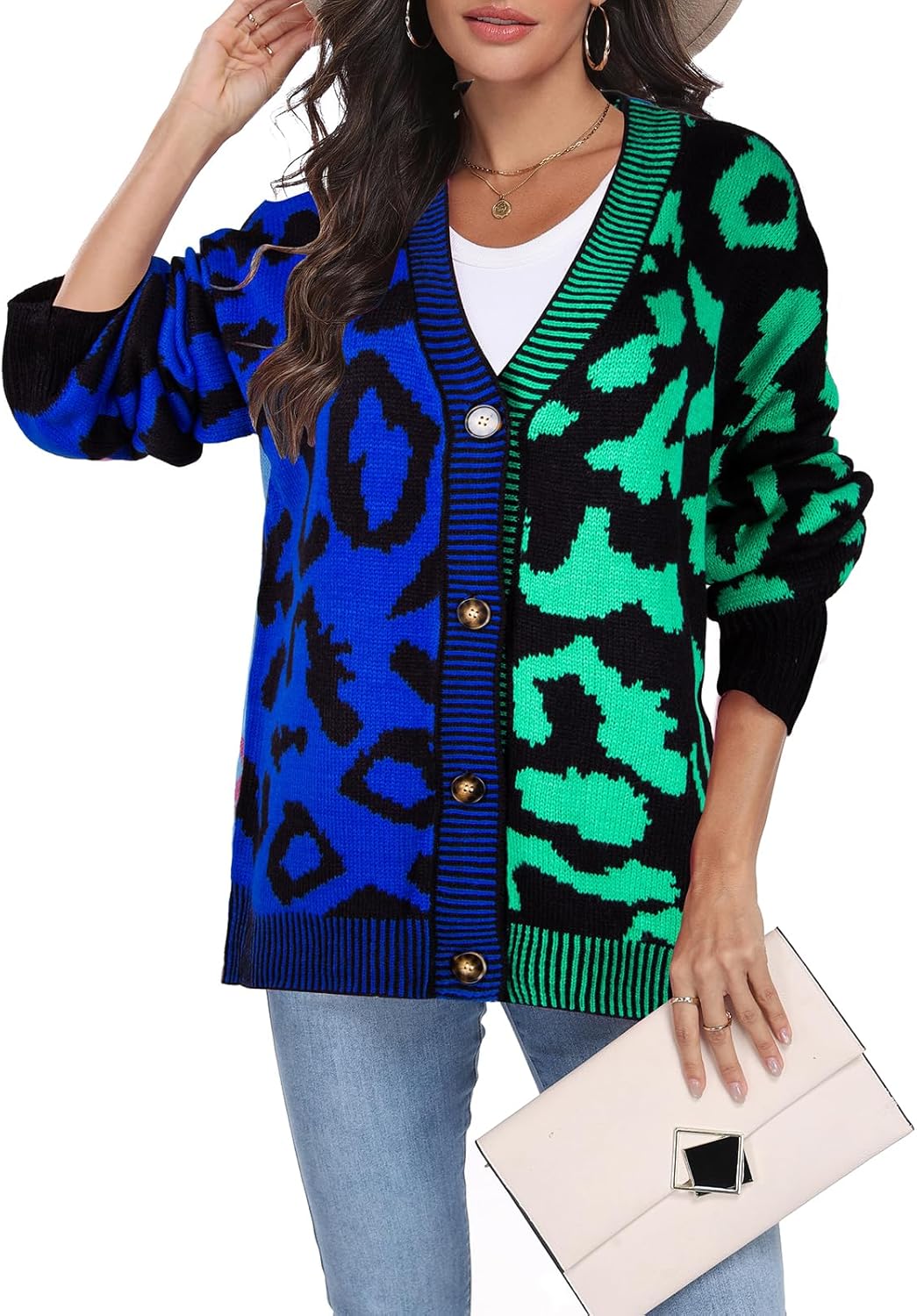 Miusey Women's Leopard Print Cardigan V Neck Open Front Long Sleeve Color Block Button Down Sweater Outwear - Image 2