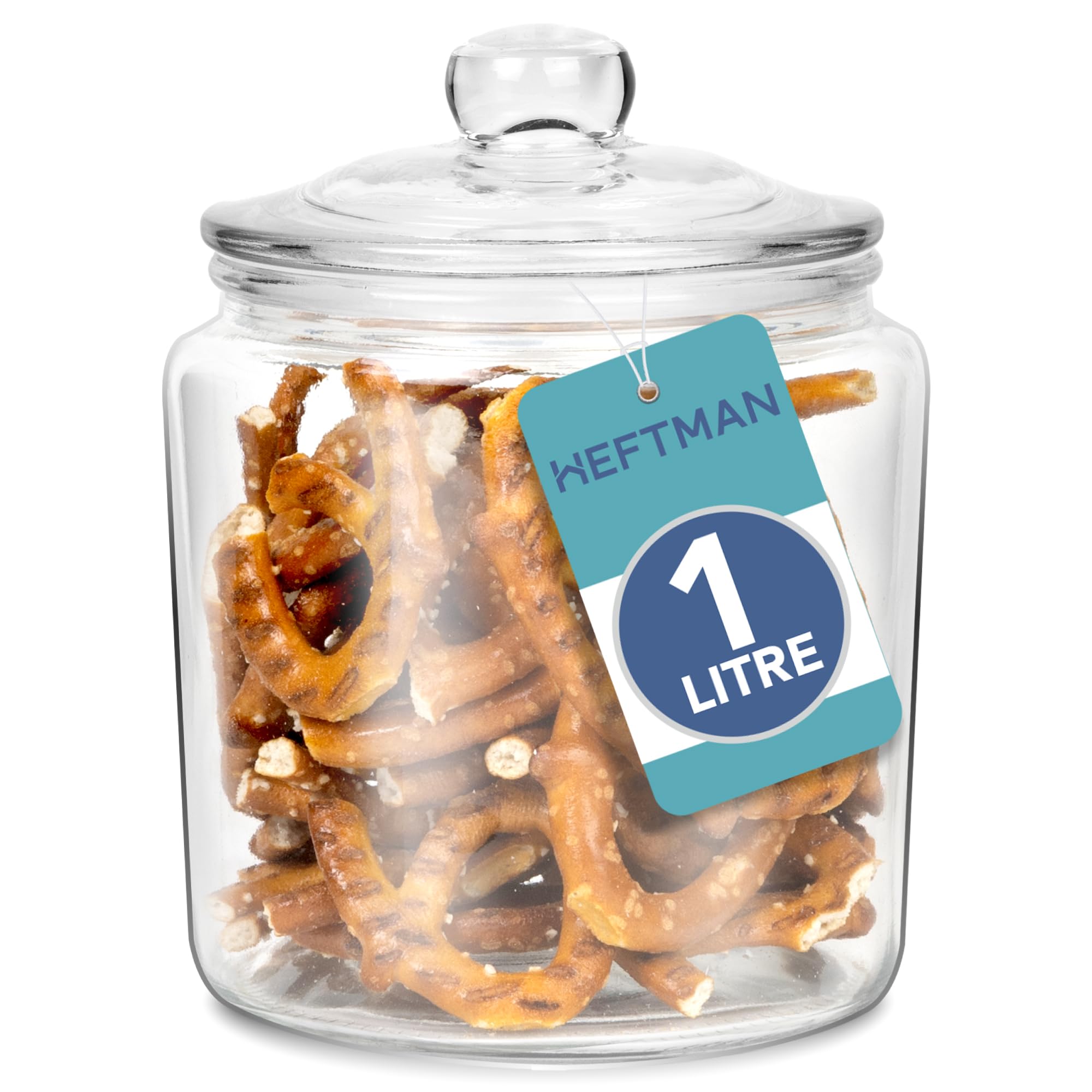 Heftman Transparent Glass Jar With Lid - 1 Litre Clear, Empty Sweet Jars With Airtight Push-Top Lid - Sturdy Glass Vintage Apothecary Jars Perfect For Sweets, Coffee, Sugar, Laundry Pods Storage Container