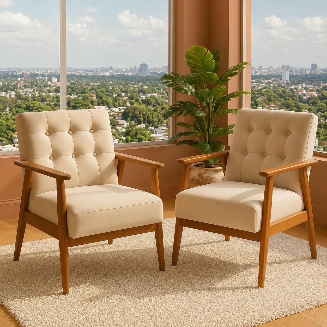 Arm Chair Set of 2 for Living Room | Upholstered Lounge Chairs with Cushion Seat | Wooden Accent Chairs for Home, Bedroom, Balcony & Office Seating Natural Finish-image-17
