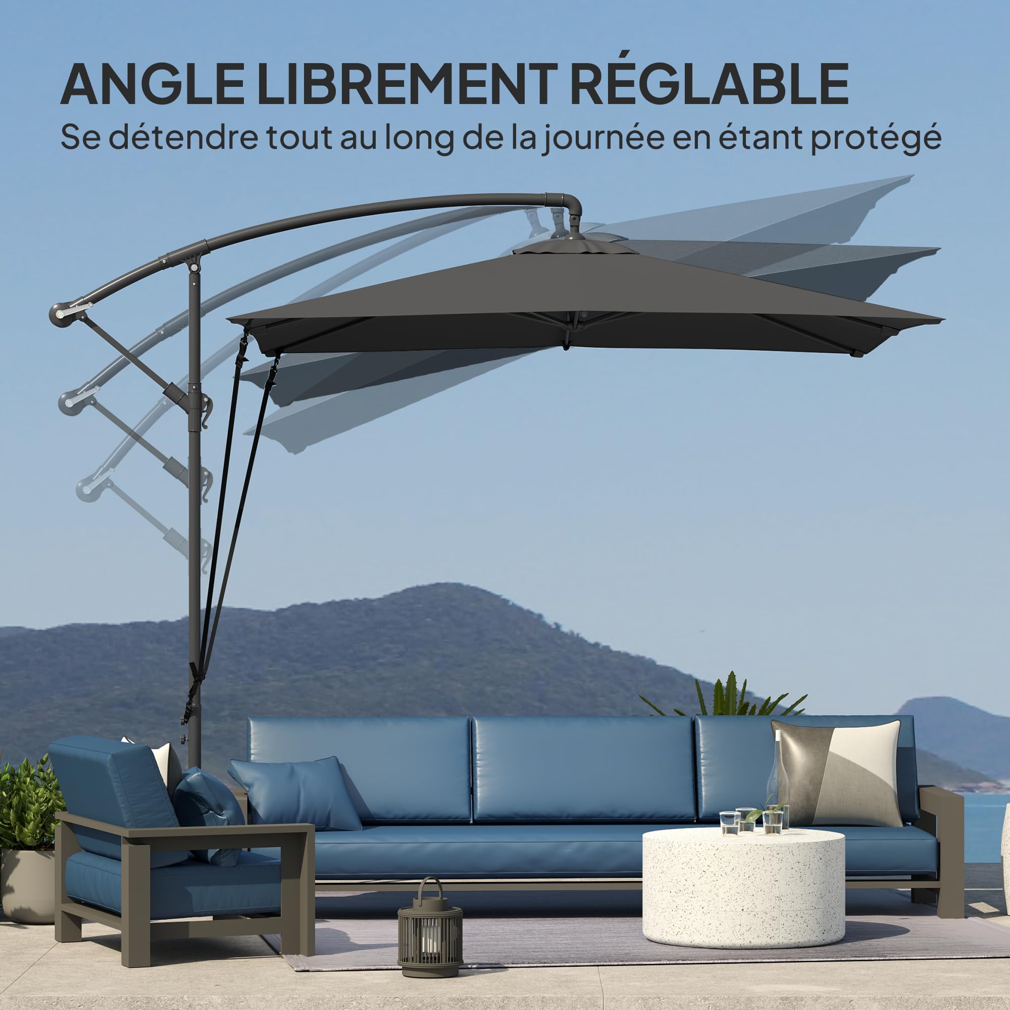 Outsunny Parasol Déporté 2,5 x 2,5 m Toile Ajustable Manivelle