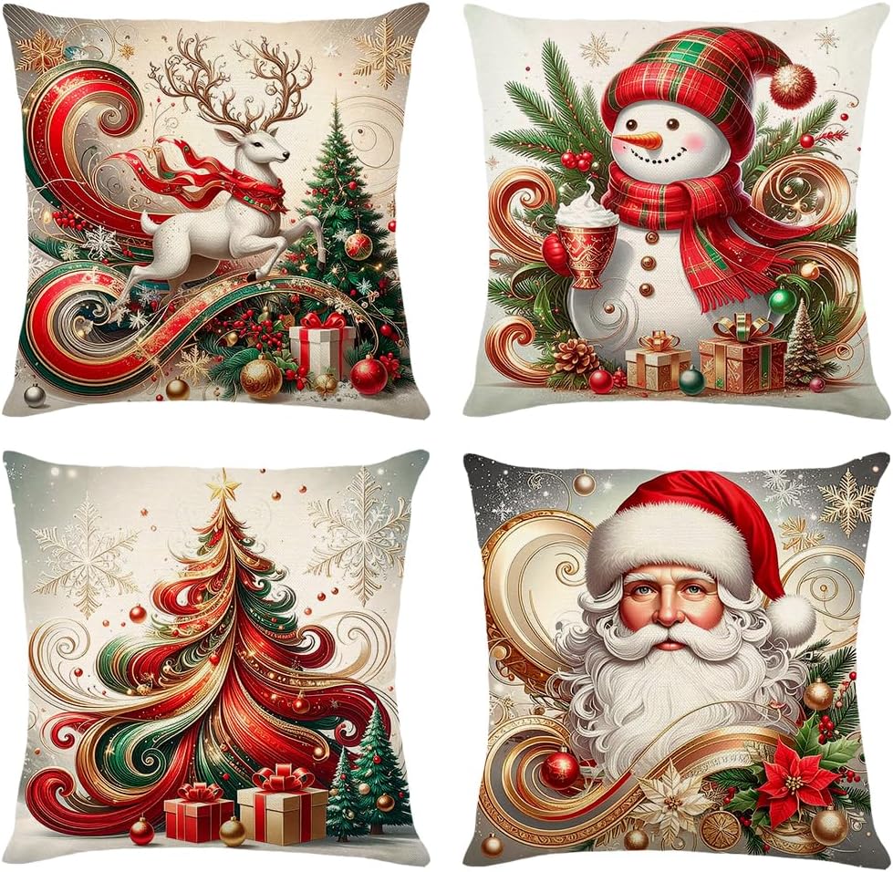 Christmas Throw Pillow Covers 20x20 Set of 4 Winter Holiday Decorative Pillowcase Reindeer Snowman Christmas Tree Santa Farmhouse Home Decor for Sofa Couch Cushion