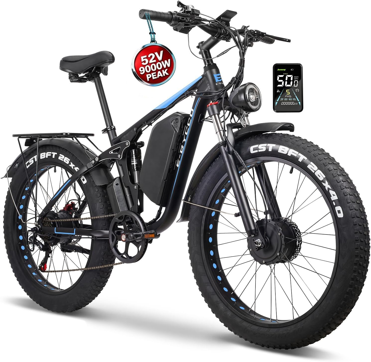 - 2026 9000W Peak Electric Bike for Adults, 52V 32AH Dual Motor E-Bike, Up to 110Mile 50MPH 24/26" All-Terrain Fat Tires Full Suspension Hydraulic Disc Brake Road Electric Bicycle UL2849 by SGS