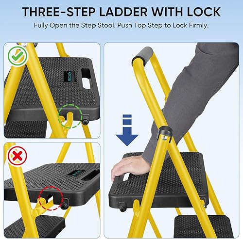 Miniatura 3 de TICONN Escalera de 3 escalones, taburete plegable resistente, taburete plegable de acero portátil para almacenamiento de garaje doméstico (amarillo)