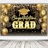 2025 Graduation Party Decorations Congrats Grad Banner 72x44 Inch, 2025 Class Congratulations Grad Photography Backdrop, Black and Gold Bachelor Cap Balloon Grad Congrats Party Banner Background