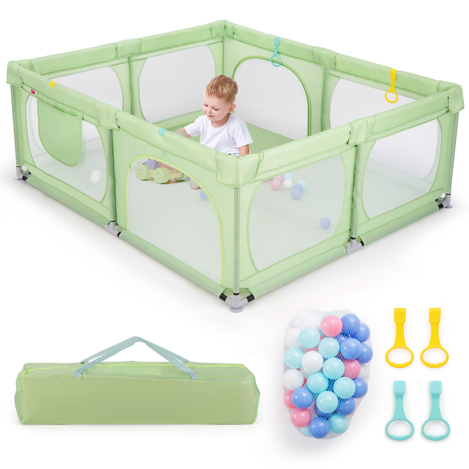 COSTWAY Parque Infantil Grande190 x 158 cm con 4 Anillas y 50 Bolas Oceánicas, Puerta con Cremallera y Malla Transpirable, Bolsillo y Bolsa de Transporte, para Bebés de 0-3 Años (Verde)