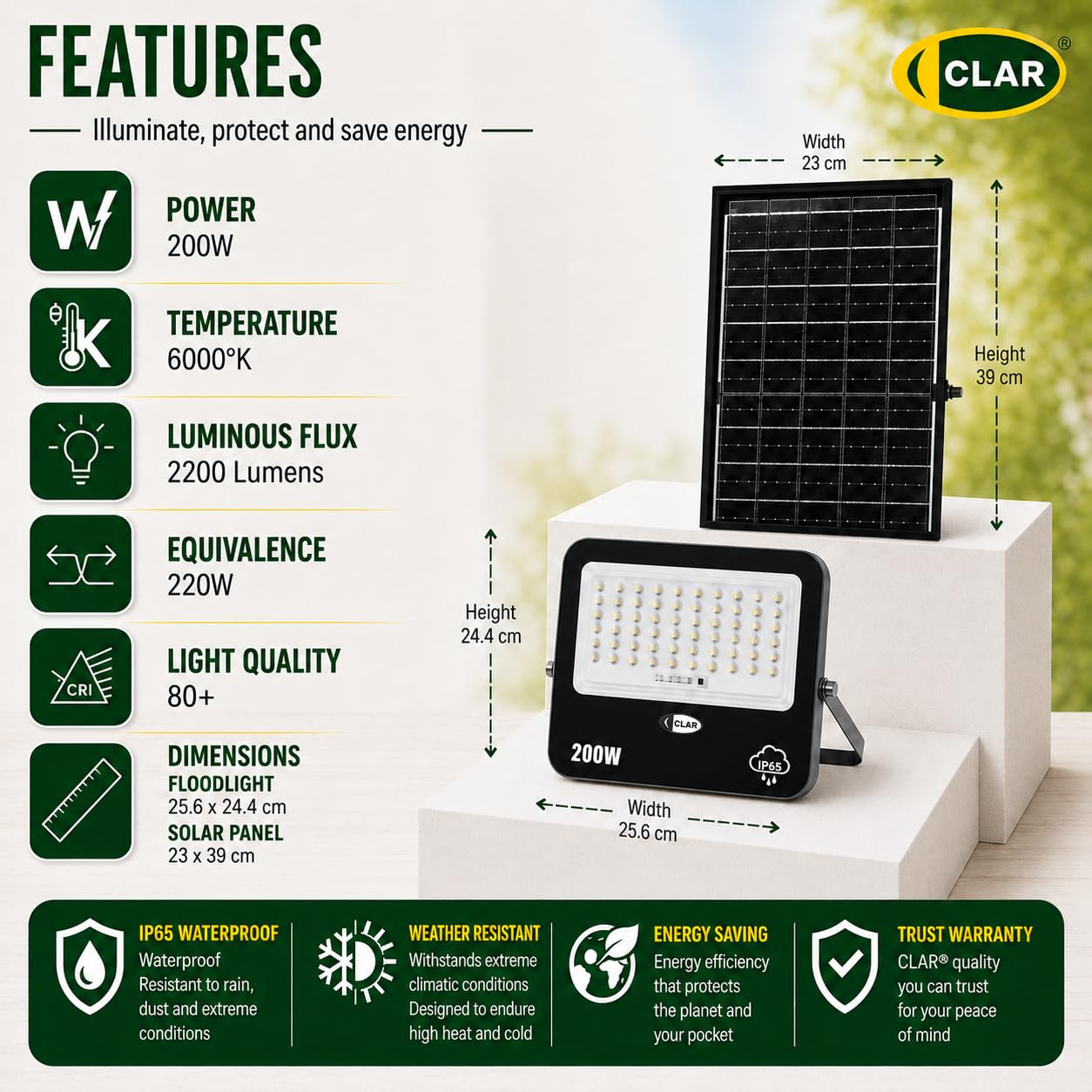CLAR - Solarstrahler für Außen, Solar LED Strahler, Solarlampen für Außen Ohne Bewegungsmelder, Solar Scheinwerfer für Außen, Solar Flutlicht, Solarlampe Ohne Bewegungsmelder, 200W (Pack 1)