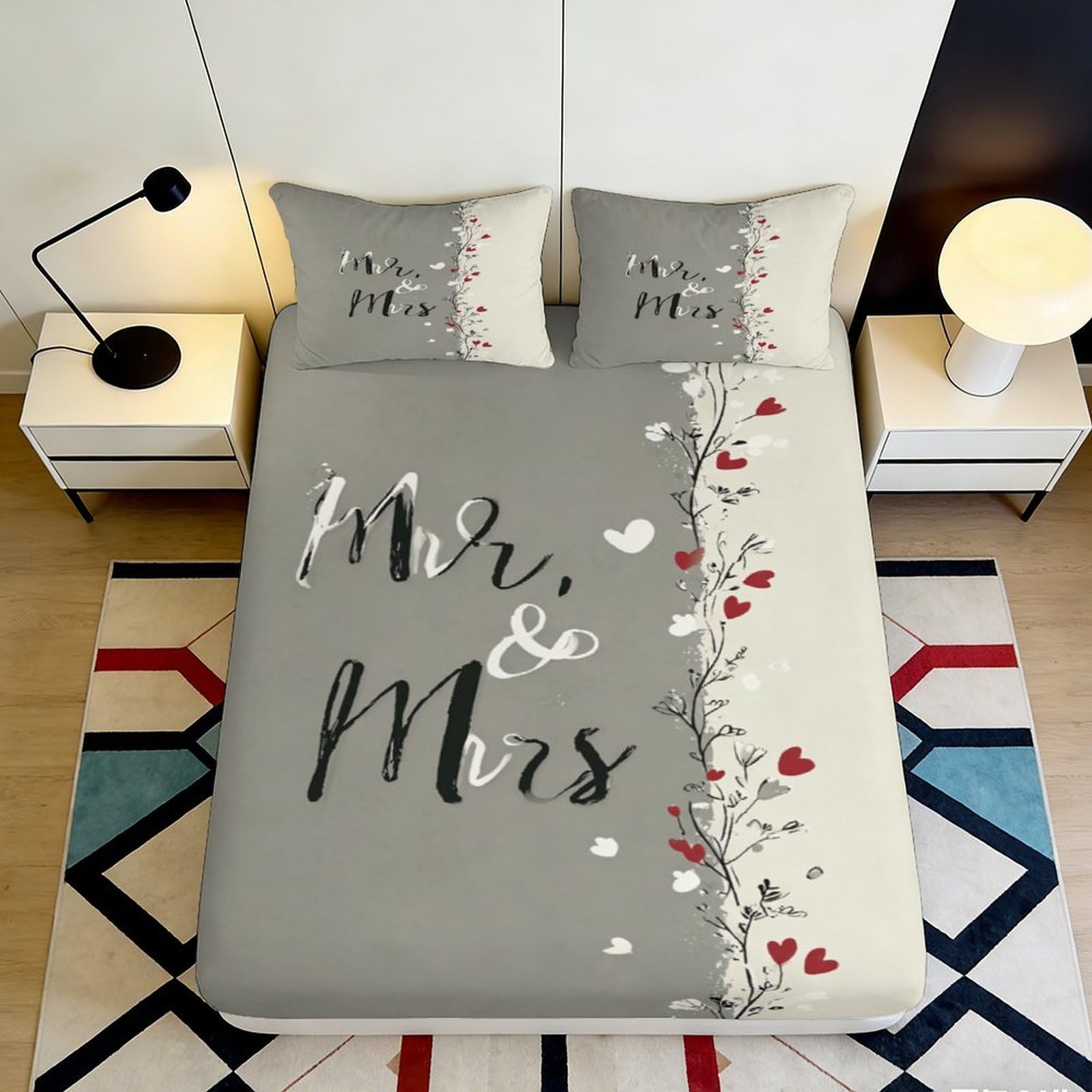 3D Printed Mr & Mrs Fitted Sheet Microfiber Grey Heart Pattern Mattress Cover for Bedroom Guest Room Decor 90x200x25cm