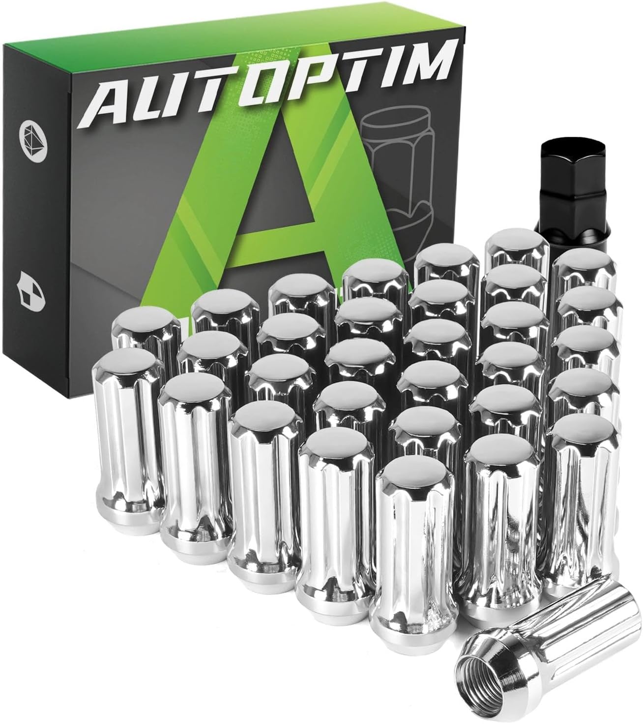 AUTOPTIM M14x2.0 Spline Lug Nut - 32 Pcs Chrome Closed End Nuts with Socket