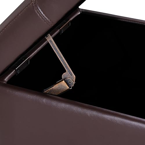 Vista 35 de Asense Otomana cuadrada de almacenamiento, reposapiés tapizado de piel sintética con patas de madera negra, marrón