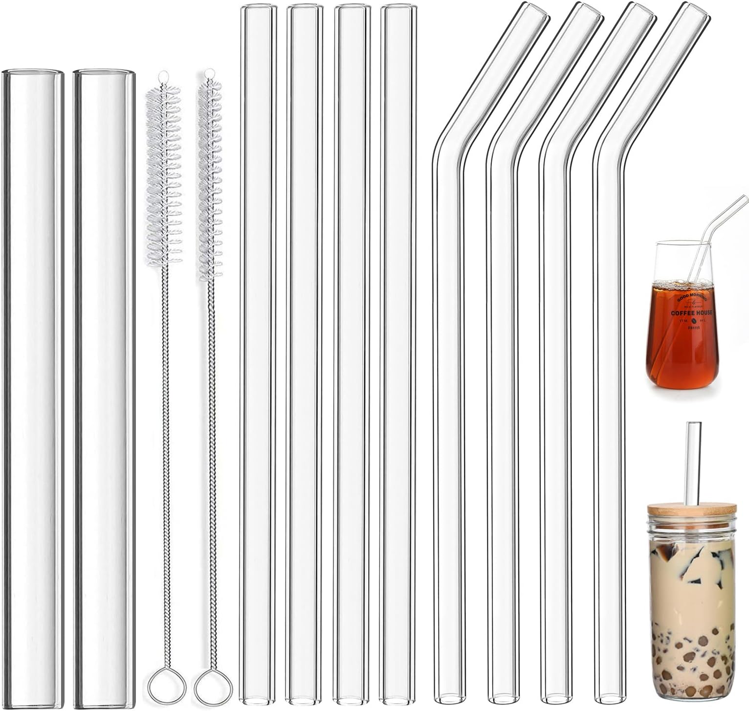 ALINK Reusable Glass Straws, 2PCS Clear Glass Boba Straws, 8PCS Smoothie Straws for Bubble Tea, Popping Tapioca Pearls with 2 Cleaning Brush