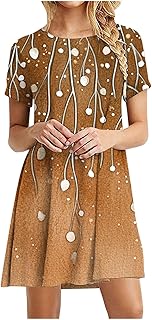 Sundresses for Women 2025 Summer Crewneck Short Sleeve Midi Dresses Casual Vacation Vintage Printed Boho Dresses