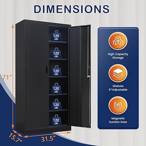 Miniatura 98 de Armario de almacenamiento de metal con puertas con cerradura y 2 estantes ajustables, gabinetes de metal de 71 pulgadas de alto, armarios de garaje,