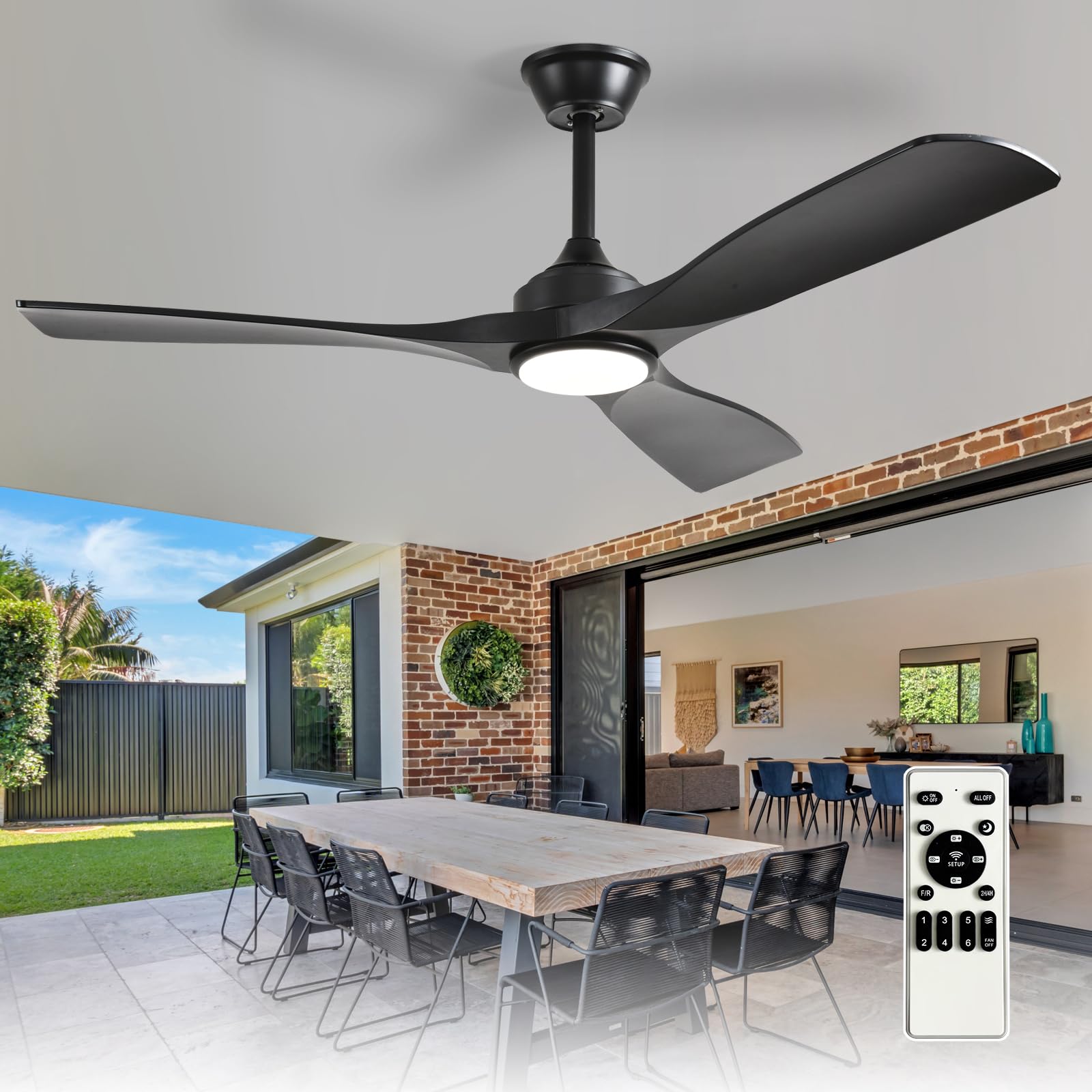 52-Inch Ceiling Fan with Light: Black 3 Blade Outdoor Fans for Patios - Dimmable Indoor Fan with Remote Control Living Room Fandelier Ceiling Fans Ultra Quiet DC Motor Reversible 6 Speed Timer