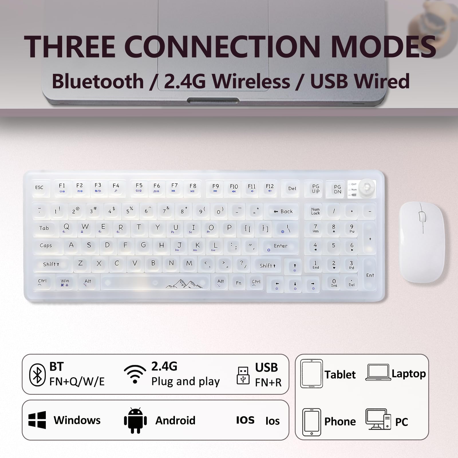 V99 Tastiera meccanica trasparente con tasti trasparenti, BT /2.4G/USB-C Wired Tri-mode con manopola, tastiera da gioco RGB, hot-swap, con driver, guarnizione, interruttore lineare, layout