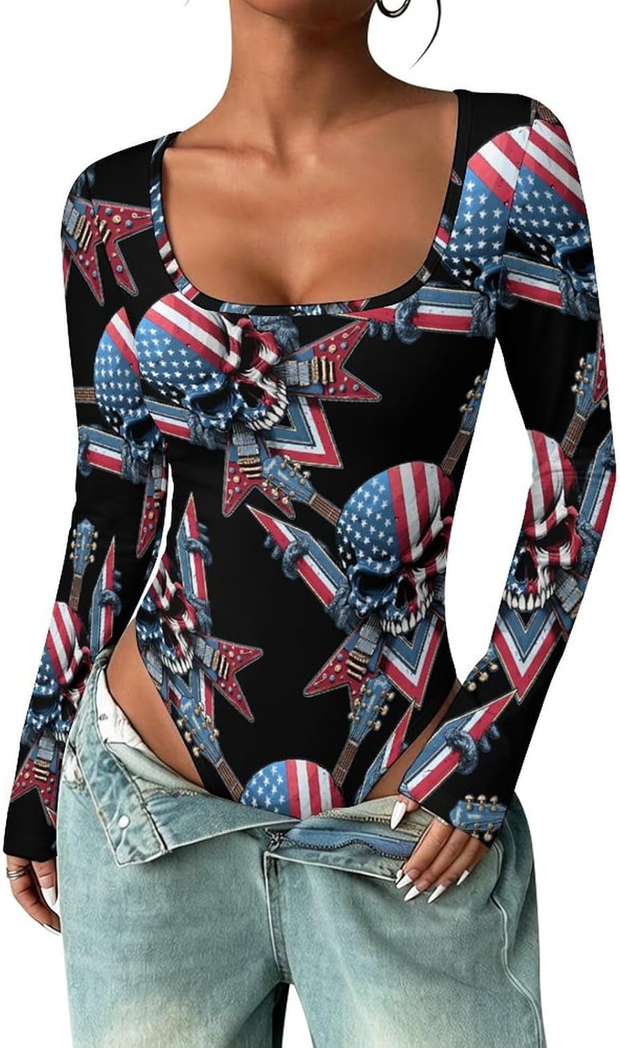 USA Flag Guitar Rocks Skull Women's Bodysuits Long Sleeve Top 5XL