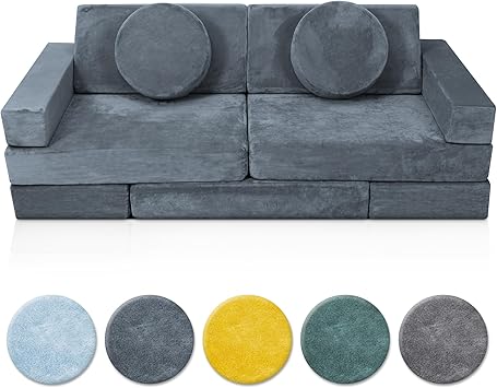 غطاء استبدال Lunix لـ LX15 14pcs Modular Kids Couch ، قماش مخملي ممتاز قابل للغسل ، رغوة غير مدرجة - رمادي