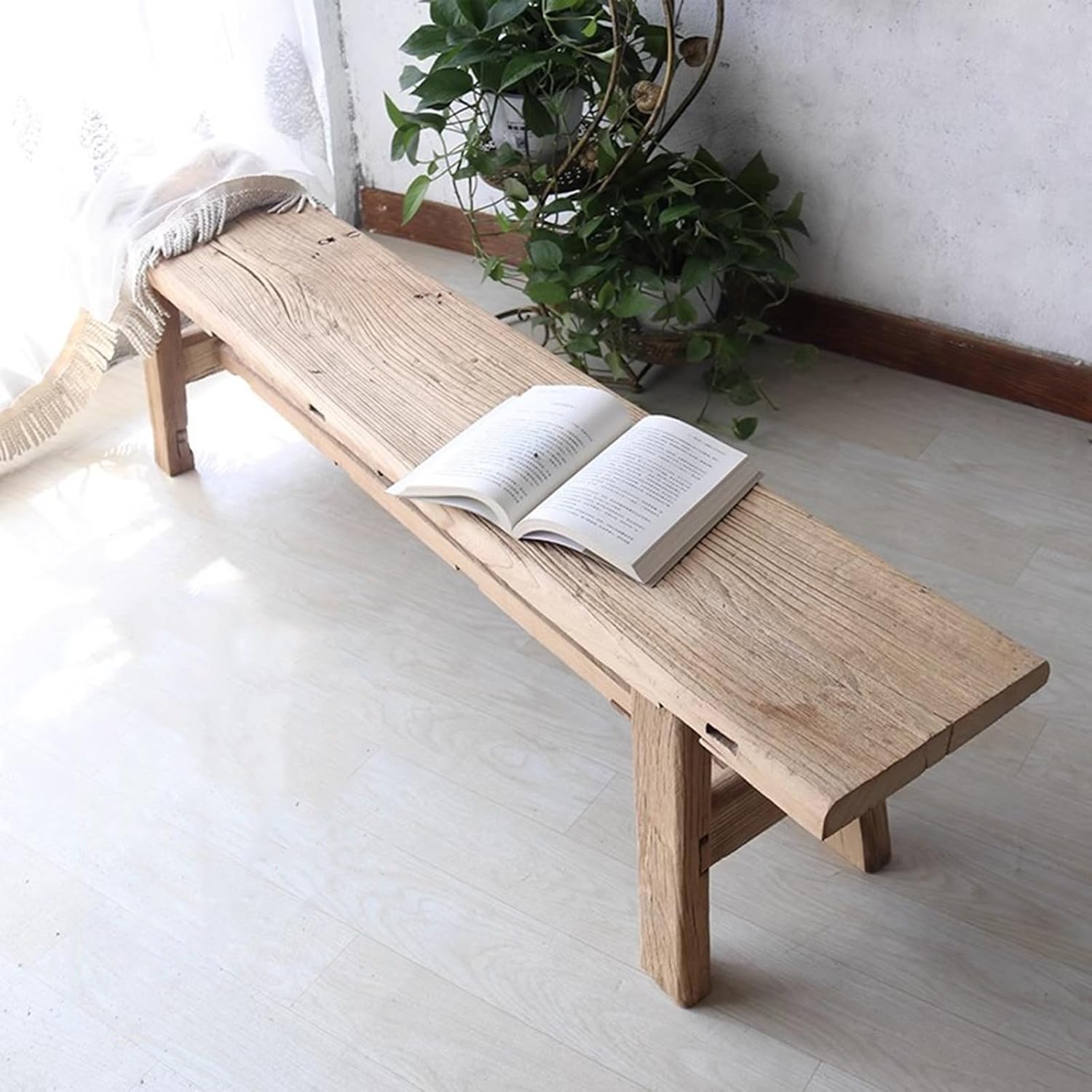 Farmhouse Indoor Wooden Living Room Dining Bench, Rustic Natural Wood Kitchen Entryway Bench with Armless Design and Skinny Low Bench, Solid Wood Shoe Bench Seating Benches(150CM/59IN)