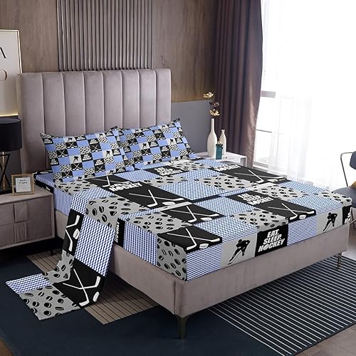 Miniatura 2 de Juego de sábanas de hockey sobre hielo azul, tamaño individual, para niños, adolescentes, deportes de invierno, juego de ropa de cama de retazos,