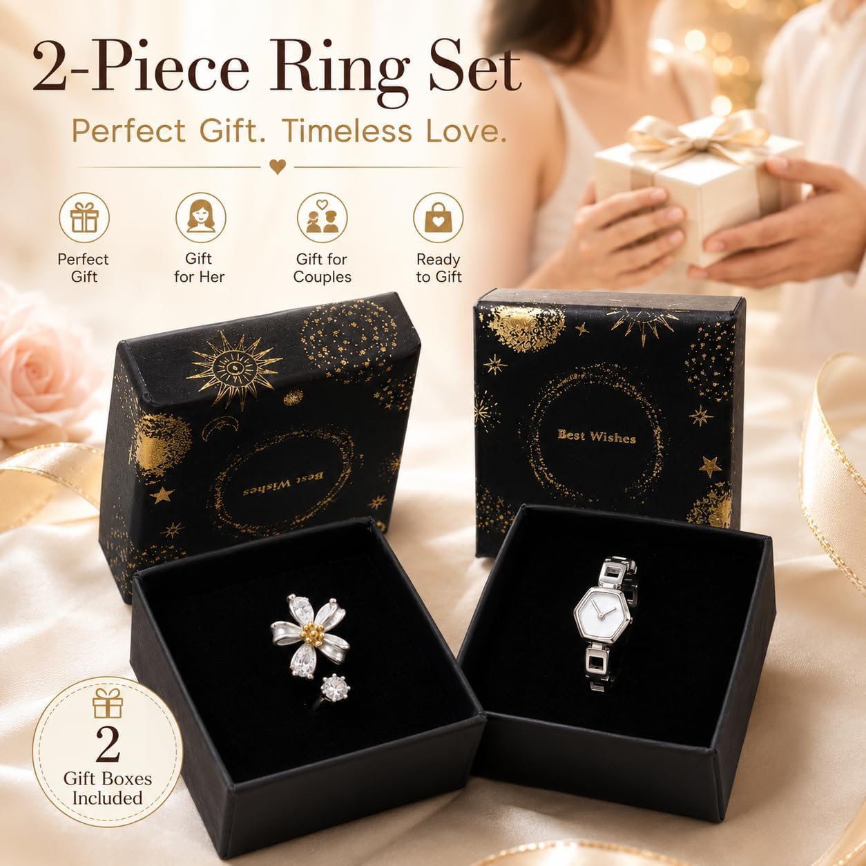 2pcs women's rings featuring a unique design with a clock facing the opposite direction and a small daisy. Perfect for couples and women alike, and makes a great gift for her.