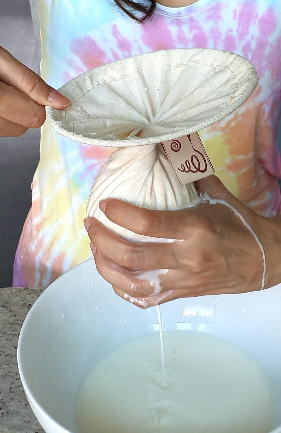 Twister Grade 100+ Cheesecloth Strainer 5" Diameter. Small Nut Milk Bag Filter with Handle, Machine Washable Unbleached Cotton Muslin Cloth Fabric Extra Dense Removable and Reusable, Fine Mesh 5"x11”