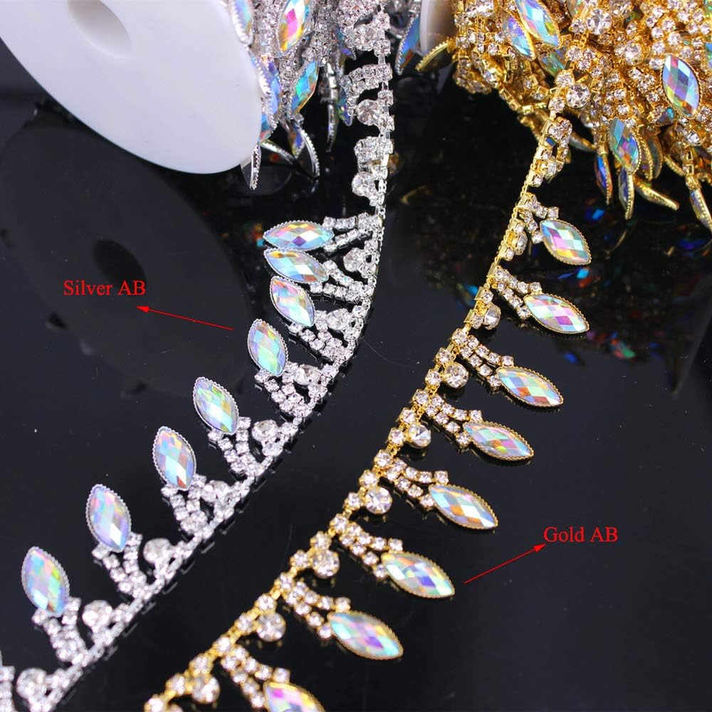 Phicmanlo 1 Yard Crystal Rhinestone Trim Chain Handmade Bridal Trimming Belt AB Stone Applique DIY Jewelry for Women Dress Embellishment (Gold Ab)