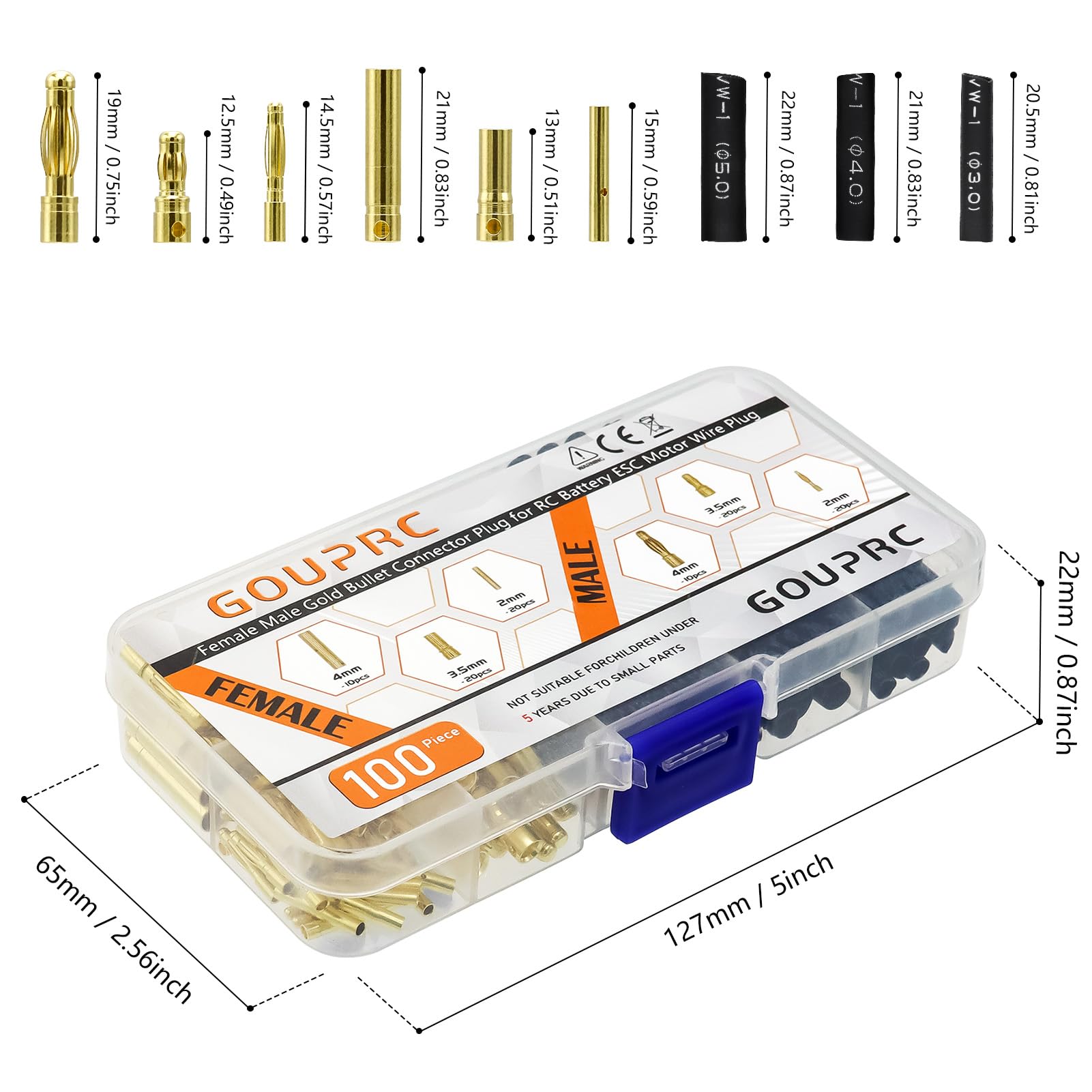 GOUPRC RC Bullet Connectors 2mm 3.5mm 4mm Female Male Gold Banana Bullet Connector Plug with Heat Shrink Tube for RC ESC Motor Battery Wire Plug (100PCS)