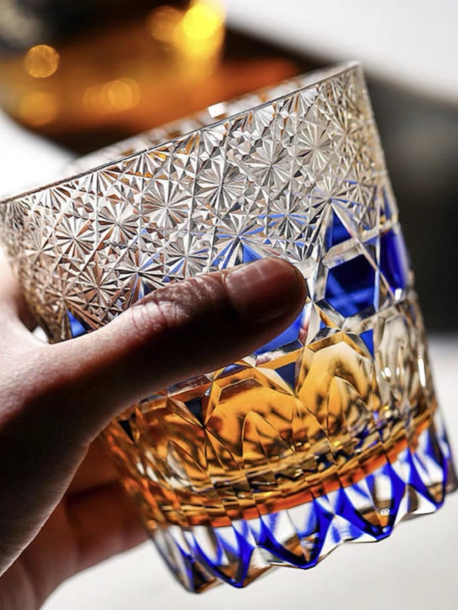 JEKE Vaso de whisky de cristal cortado a mano, 320 ml, vasos de whisky, cóctel, vodka, cerveza, en caja de regalo (azul)