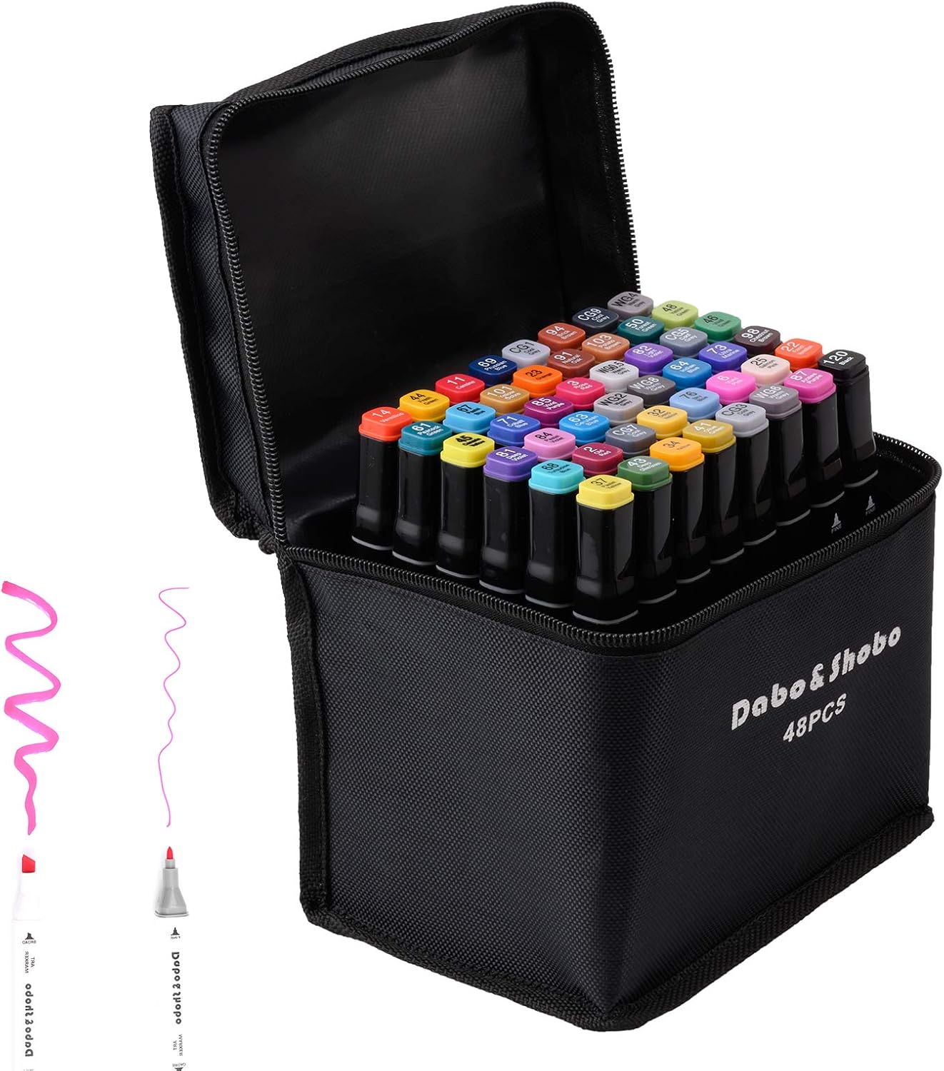 48 Color Alcohol Marker Pens， Bright Permanent ，for Coloring Art Markers for Kids, Adults Coloring Book, ， Wide Chisel and Thin Head Double-Head Design Equipped with, Black Suitcase