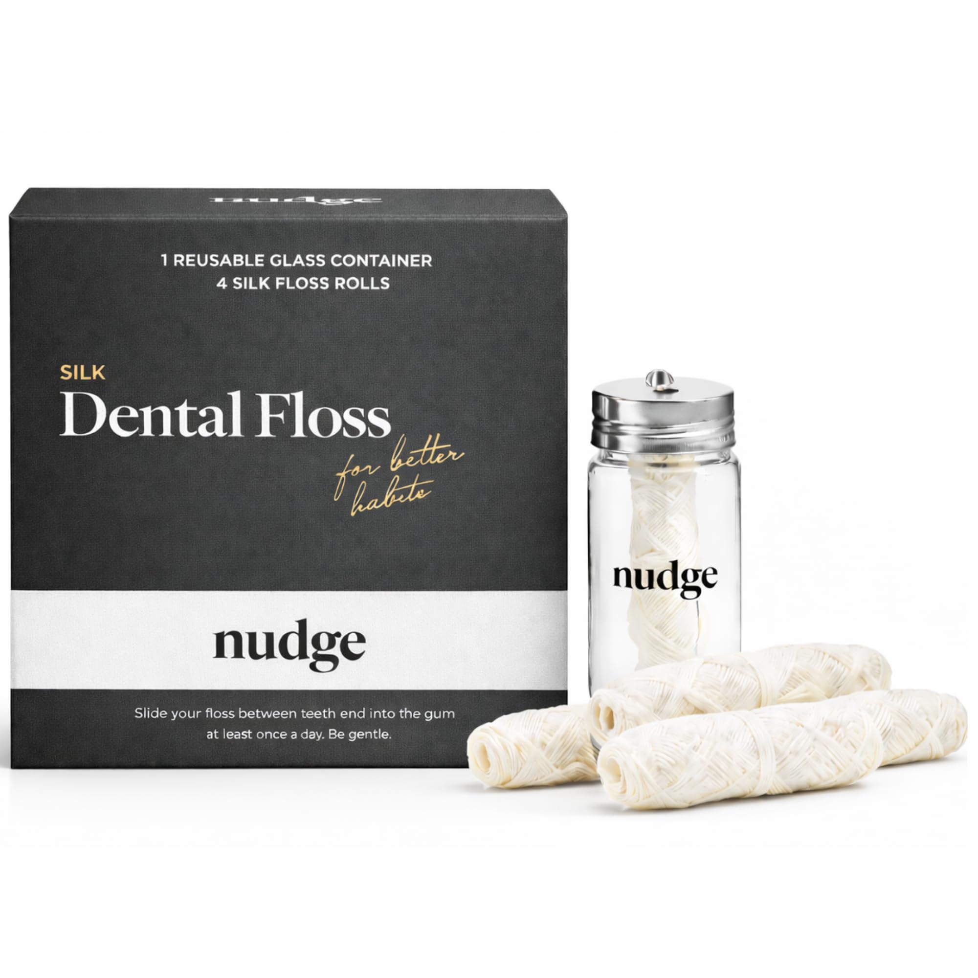 Nudge Clean Sustainable Silk Dental Floss Refill Set, Reusable Glass Dispenser with 4 x 30m All Natural Silk Floss Spools, Plant Based Wax Coated, PFAS Free Oral Care