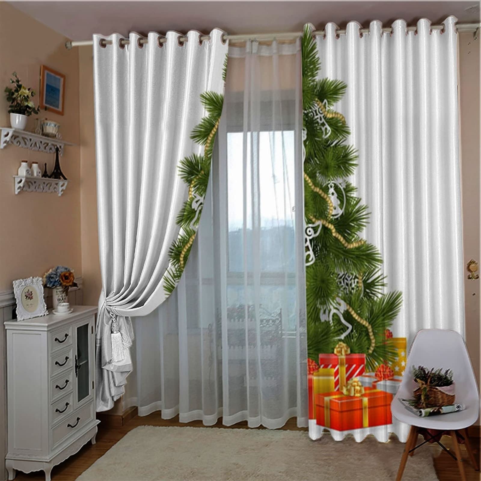 AmDxD Cortinas Habitacion Juvenil Blanco Verde Rojo, Cortinas Habitacion Juvenil Niña Poliéster Árbol De Navidad Y Regalos 214x244cm