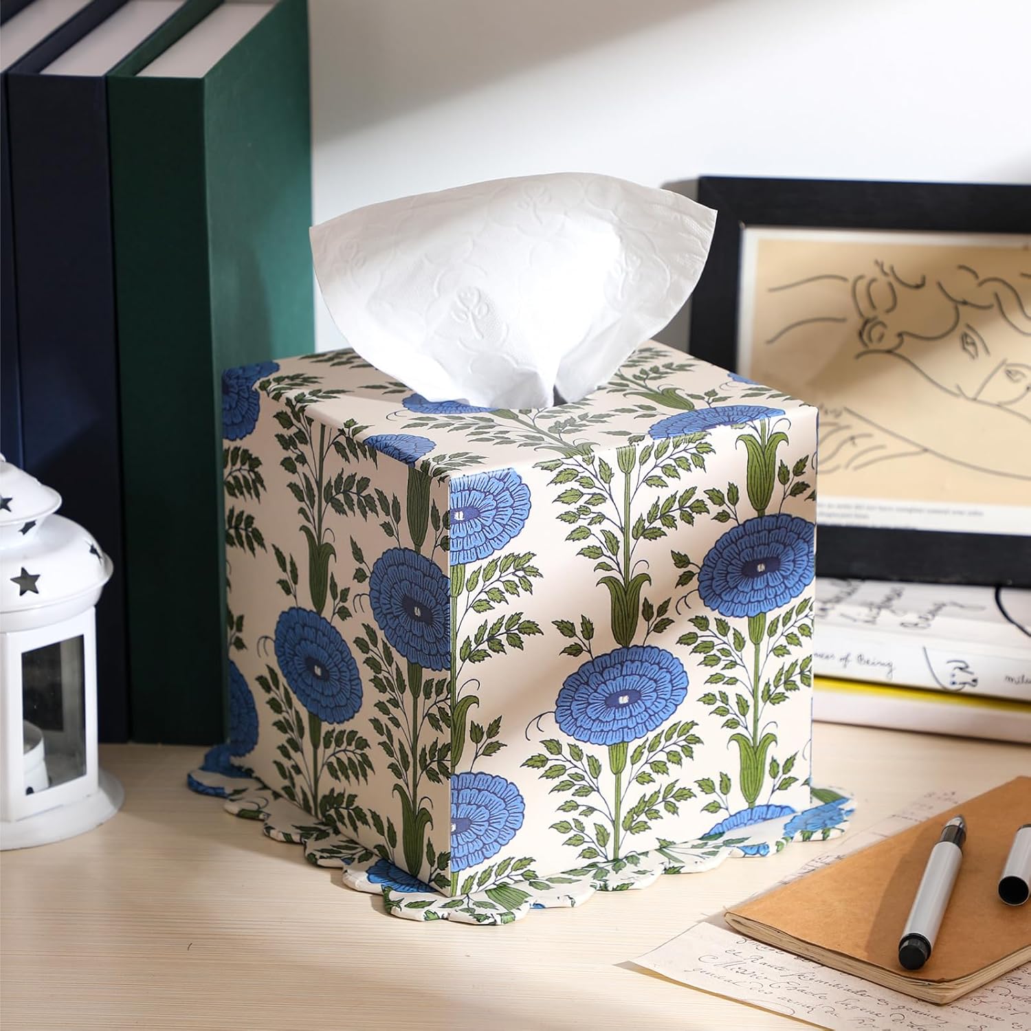 Blue Paper Mache Tissue Box Cover Floral Print Tissue Box Decorative Square Napkin Holder for Grand Millennial Home Bedroom Countertop Night Stands Office Country Decor - Image 6