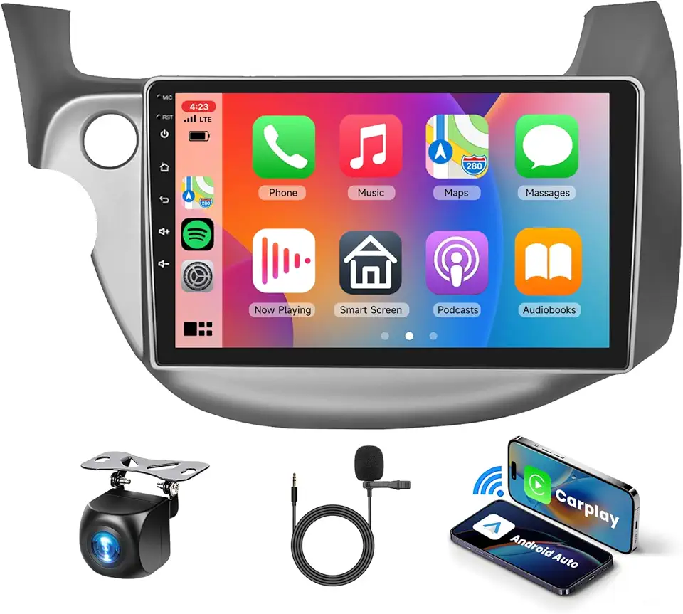 4 núcleos + 64G Android 13 estéreo automotivo para Honda Fit 2008-2013 com carplay sem fio Android Auto, tela sensível ao toque de 10,1 polegadas, suporte de rádio GPS/WiFi/Bluetooth/SWC + câmera de