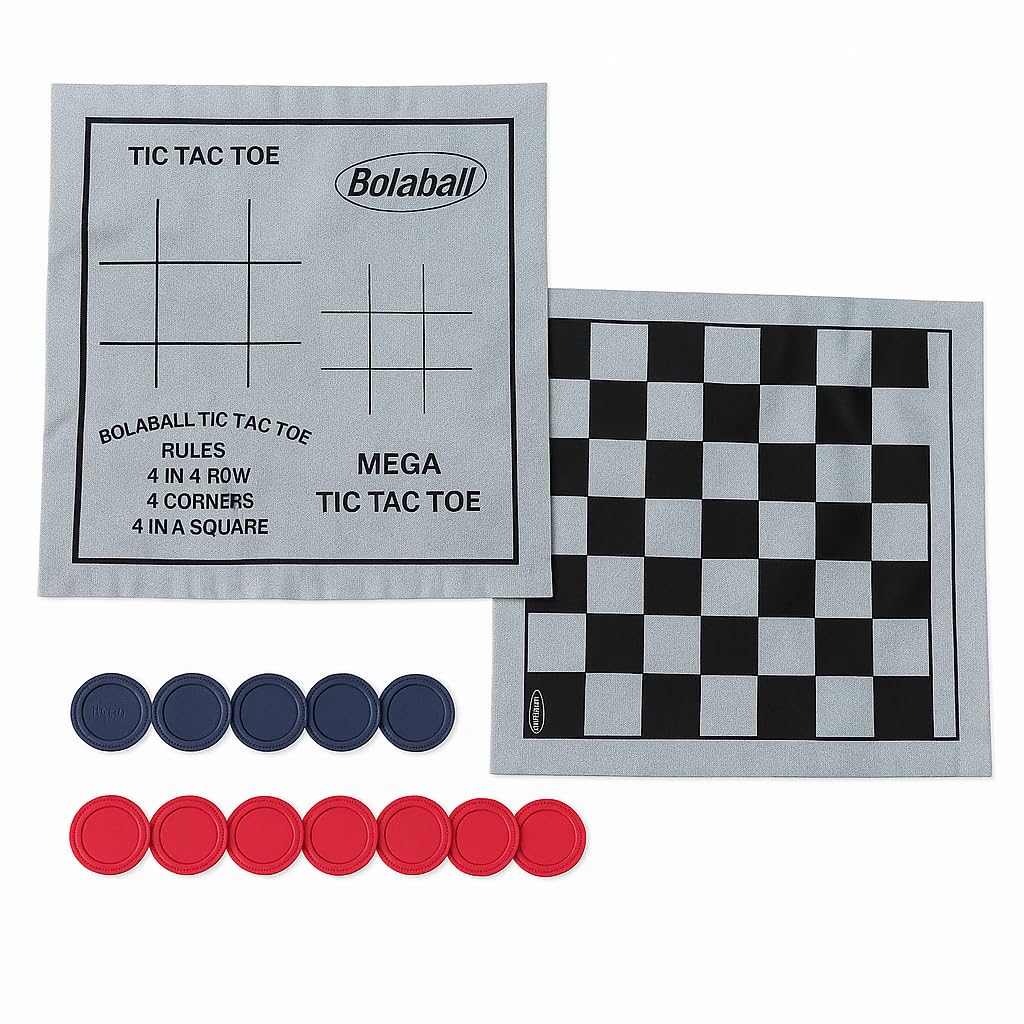 Bolaball 3-in-1 Giant Checkers, Tic Tac Toe Jumbo Game, 26"x26", Reversible Carpet, Indoor Outdoor Yard Board Game for Family and Friends with 24 Chips