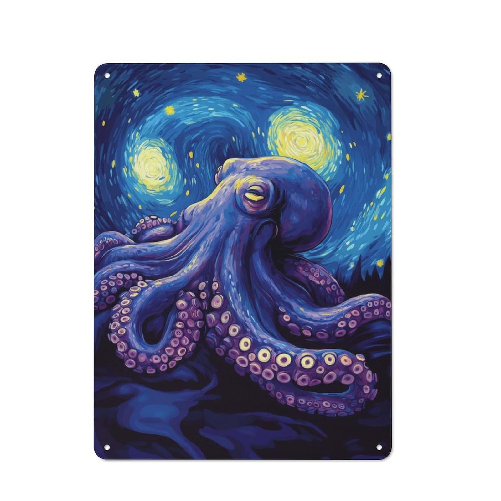 Junmoney Style-8 Octopus Starry Night Decorative Tin Plaque 40X30cm, Decorative Novelty Wall Art For Hallway, Home Bar, Garage Or Study