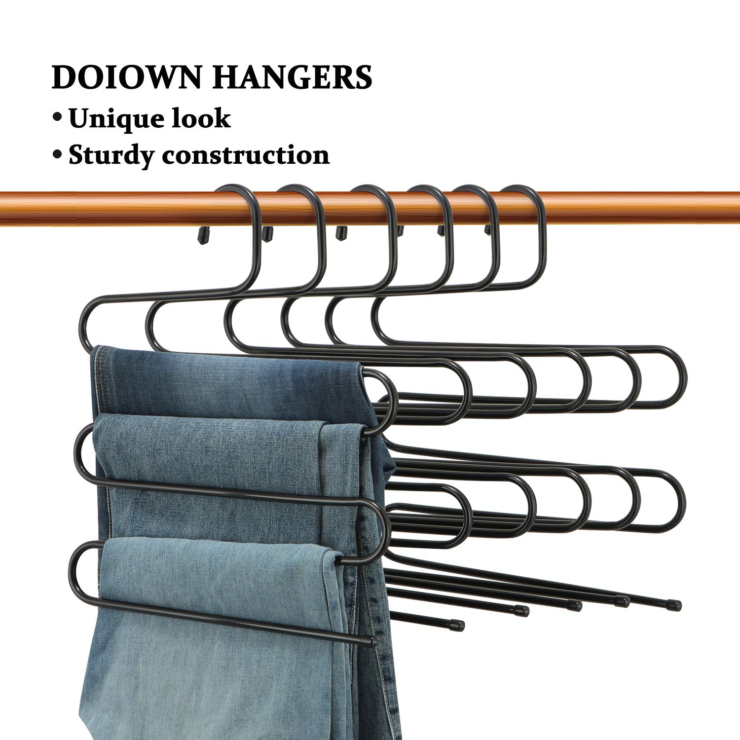 DOIOWN 6 Stück Hosenbügel S-Form Edelstahl Kleiderbügel platzsparend Kleiderschrank Organizer für Hosen Jeans Schal (5 Schichten, Stück) Schwarz -