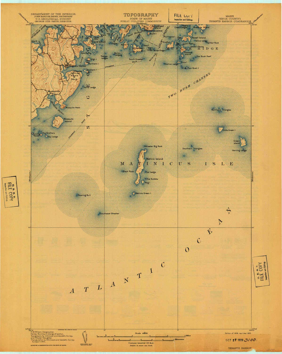 YellowMaps Tenants Harbor ME topo map, 1:62500 Scale, 15 X 15 Minute, Historical, 1906, Updated 1920, 20.3 x 16.2 in - Tyvek