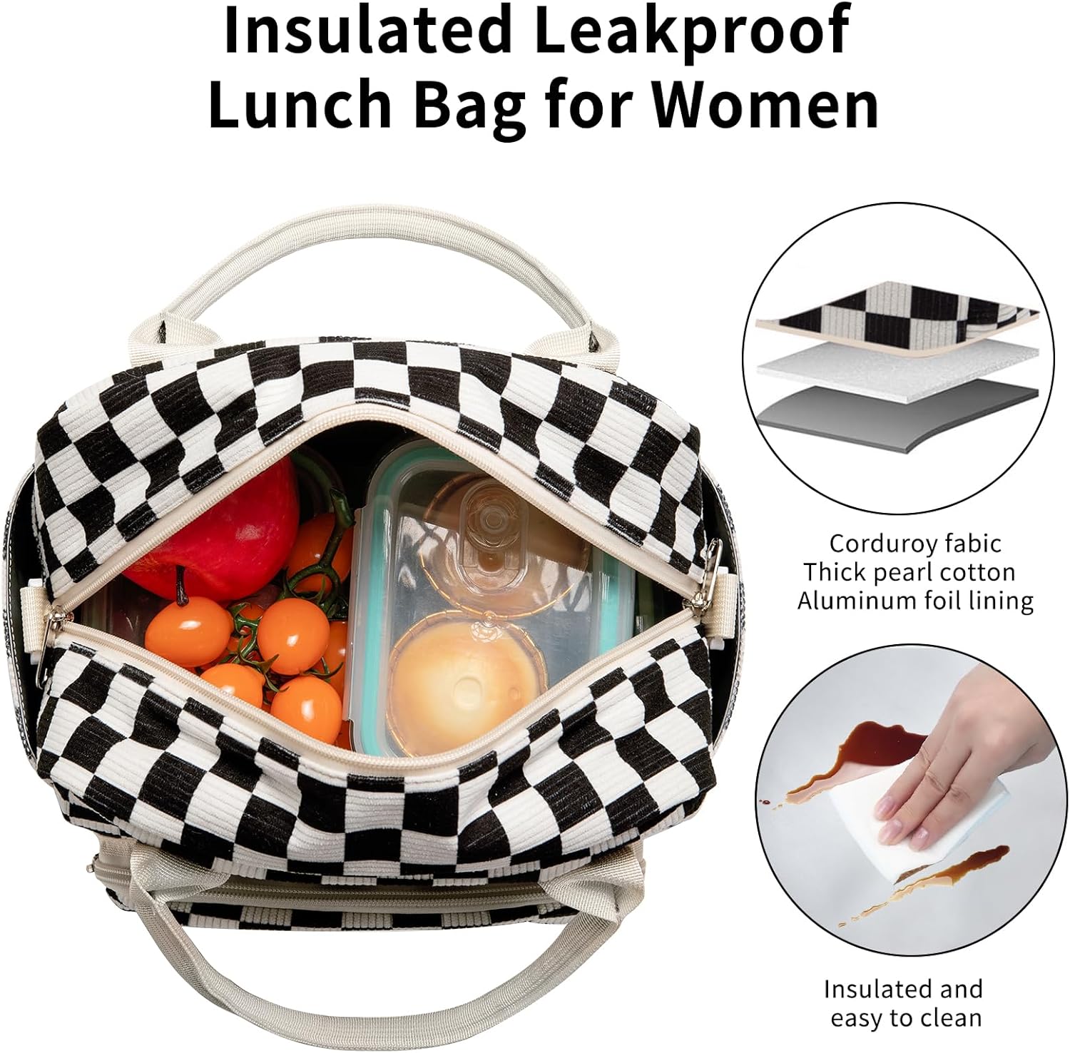 Lunch Bag Women Lunch Box for Women Adult Cute Insulated Lunch Bag Lager Cooler Lunch Tote Bags for Work Picnic (Black-White Plaid) - Image 5