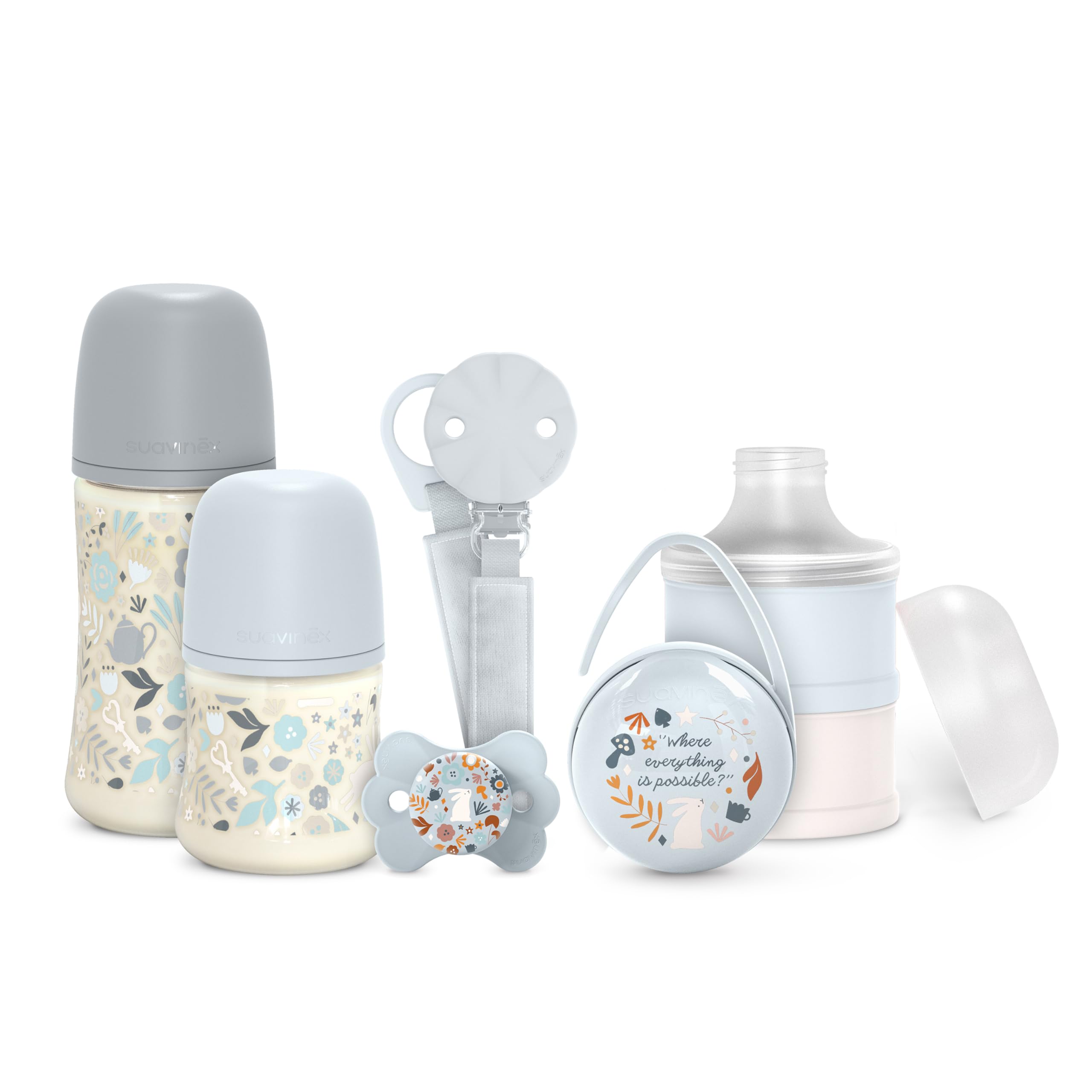 Suavinex, Neugeborenen-Geschenkset, Anti-Kolik-Flaschen-Set mit 150 ml und 270 ml + Schnuller 0/6 Monate mit SX Pro Sauger + Milchdosierer + Schnullerbox + Schnullerband, Wonderland Blau
