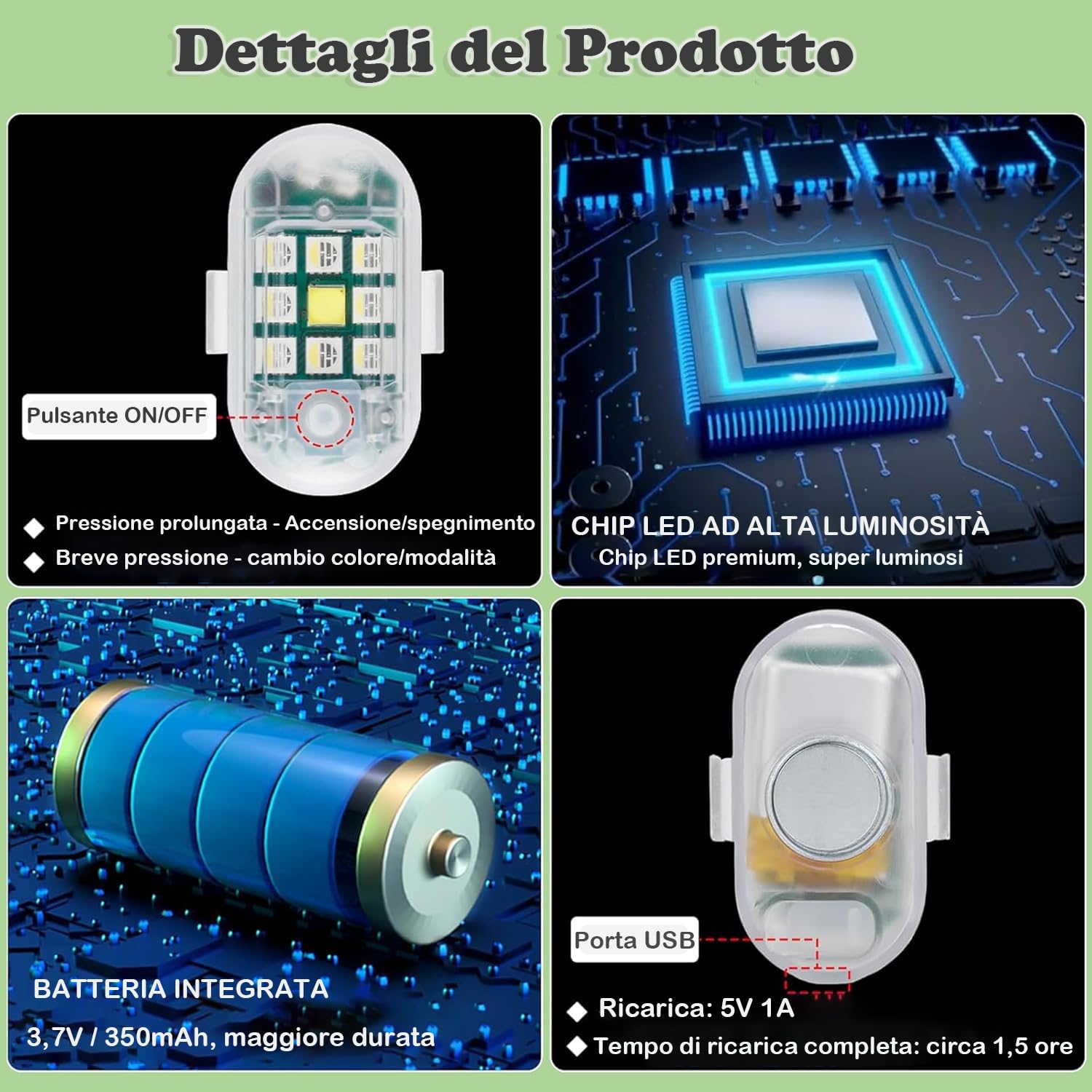 4 Luci Strobe LED Wireless con Telecomando - 7 Colori, Alta Luminosità, Ricaricabili USB, per Auto, Moto, Drone